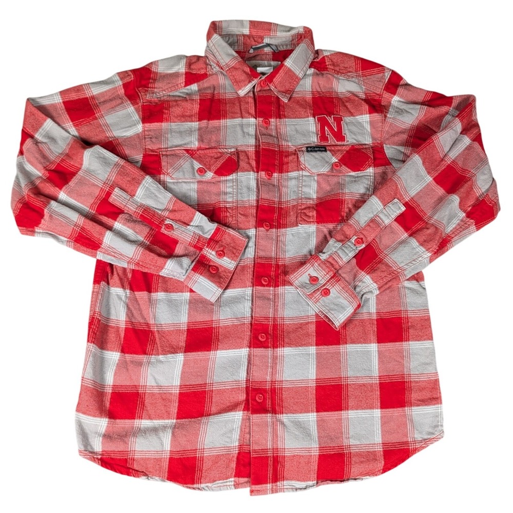 Columbia Nebraska Cornhuskers Plaid Button Down Shirt Red Grey Embroidered N